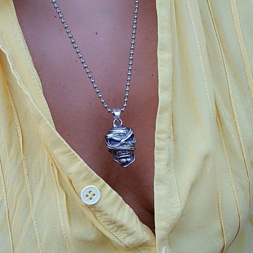 Handmade Sterling Silver Mummy Skull Pendant: Rocker Jewelry