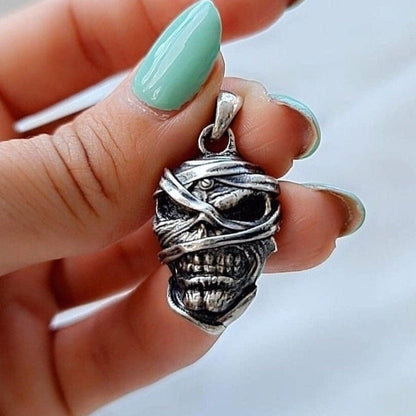 Mummy Skull Pendant:Sterling Silver Rocker Jewelry perfect for rock, heavy metal, punk,biker fashion