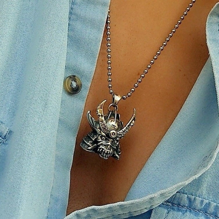 Sterling Silver Samurai Skull Pendant: Rocker Biker Jewelry