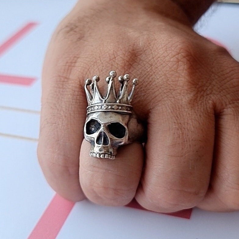 Handmade 925 Silver Skull Ring with Crown: Gothic Biker Jewelry