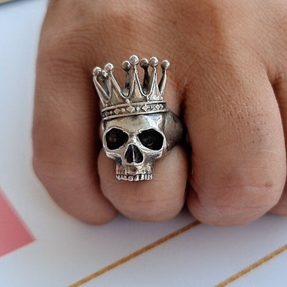 925 Silver King Skull Ring with Crown: Gothic Biker Jewelry  A symbol of mortality