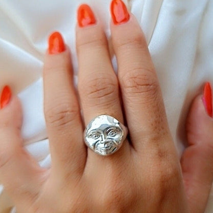 Handcrafted Sterling Silver Full Moonface Ring - Celestial Jewelry