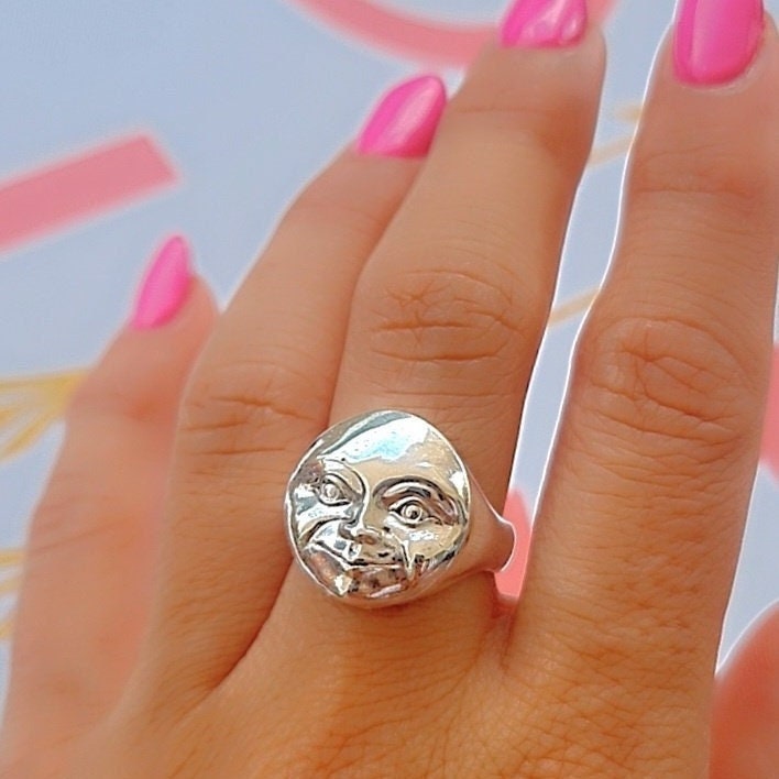 Handcrafted Sterling Silver Full Moonface Ring - Celestial Jewelry