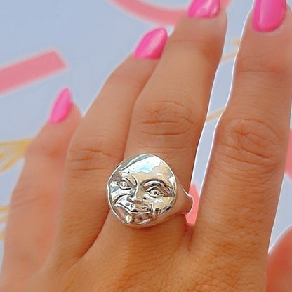 Handcrafted Sterling Silver Full Moonface Ring - Celestial Jewelry