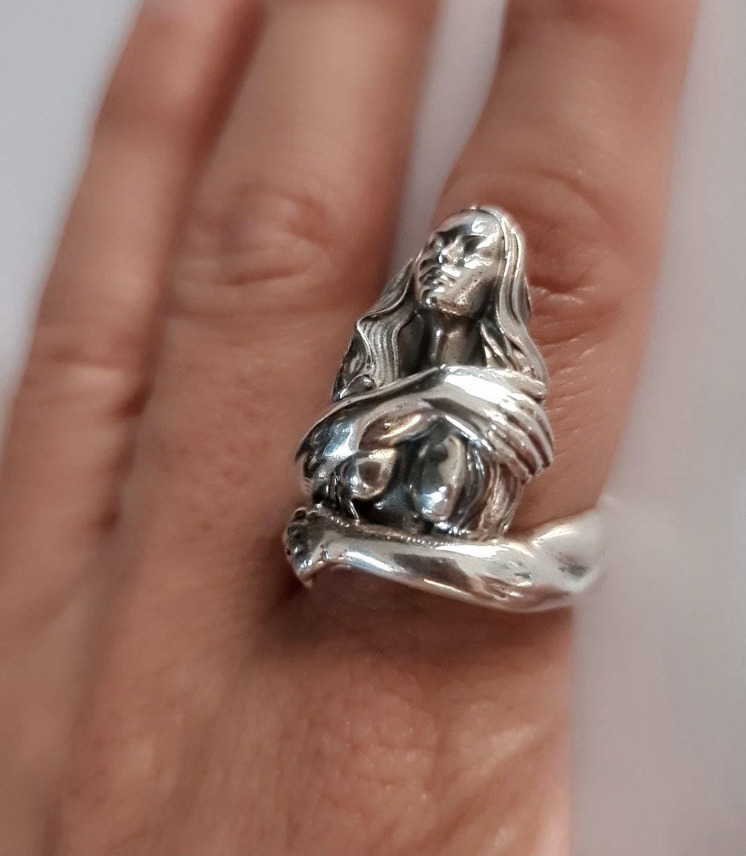 Sterling Silver Goddess Ring: Gothic Retro Statement Jewelry
