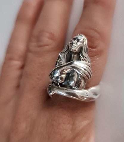 Sterling Silver Goddess Ring: Gothic Retro Statement Jewelry