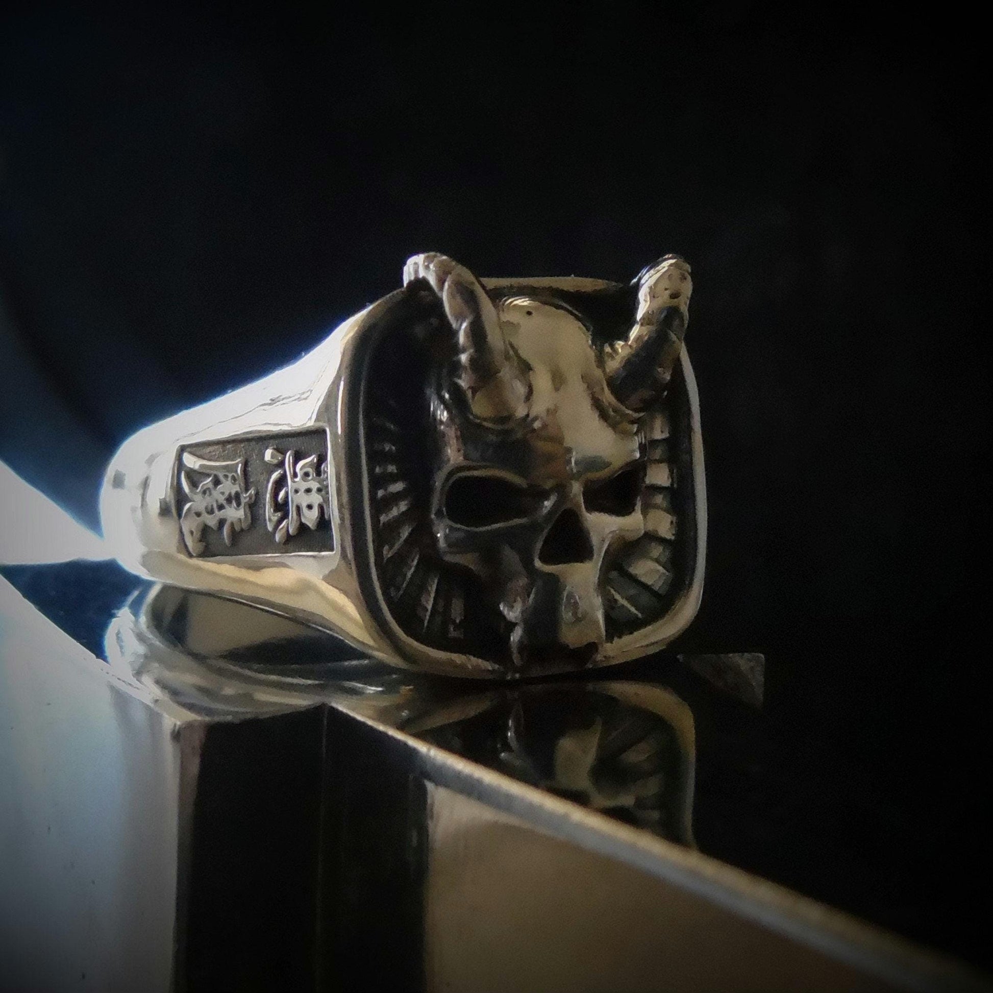 Handcrafted 925 Silver Japanese Oni Skull Ring