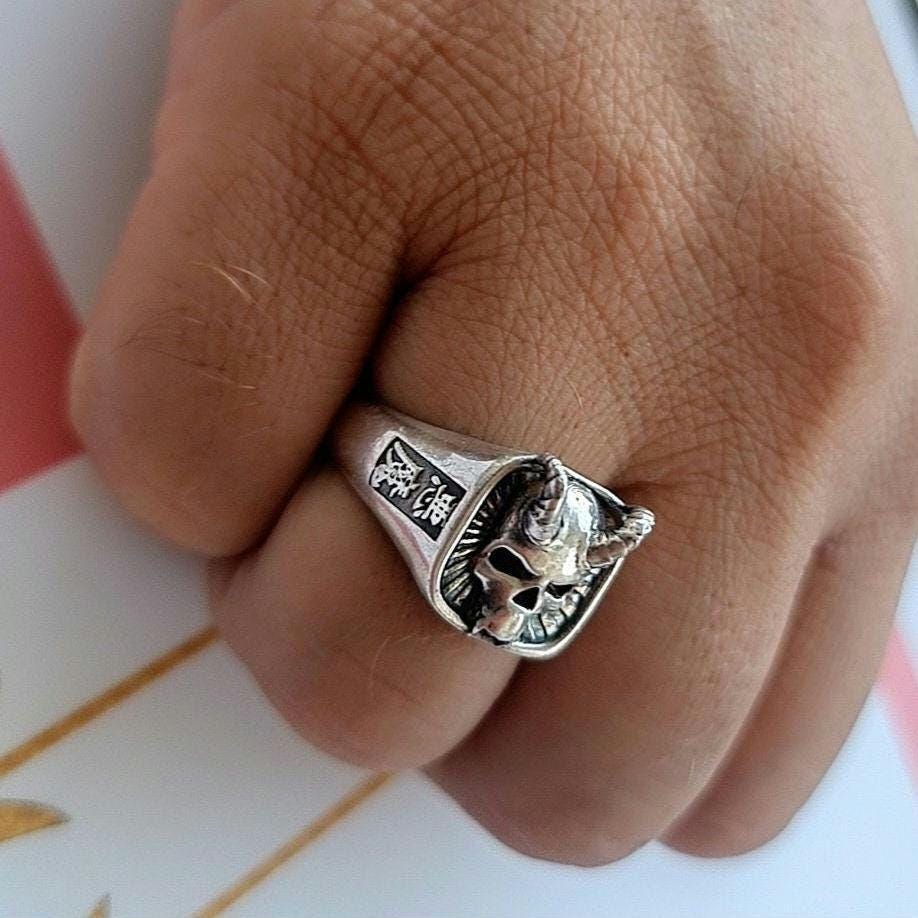 Handcrafted 925 Silver Japanese Oni Skull Ring