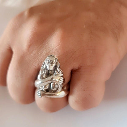 Sterling Silver Goddess Ring: Gothic Retro Statement Jewelry