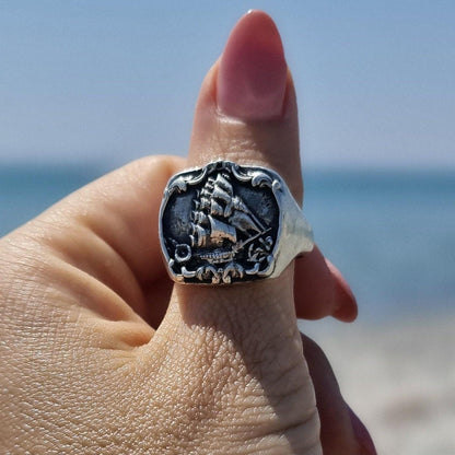Kraken Signet Ring: Gothic Pirate Ship Design Handmade Sterling Silver