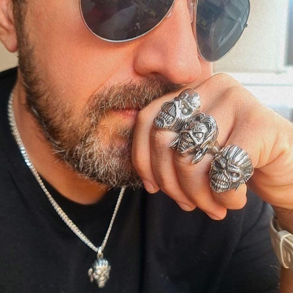 Eddie Mayan Warrior Skull Ring -solid -Unique design-Rock  Heavy metal sterling silver