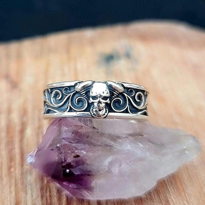 Skull and Engine with ornaments Ring-Edgy design-Handmade 925 silver-Perfect accessory for bikers.