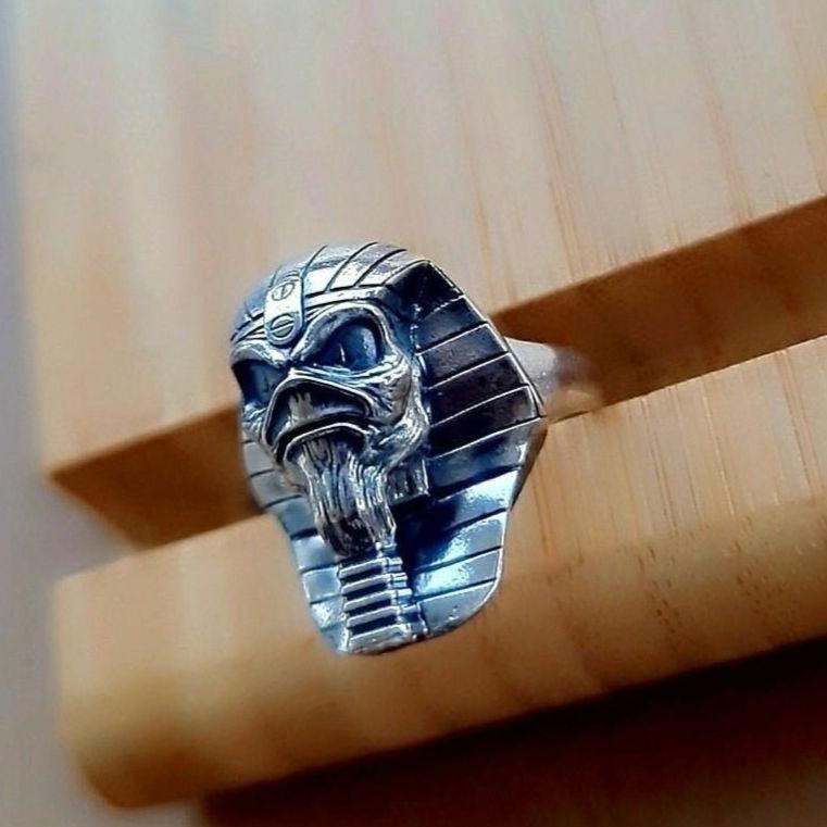 Handmade Sterling Silver Pharaoh King Skull Ring: Gothic Biker Jewelry