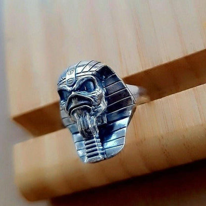Handmade Sterling Silver Pharaoh King Skull Ring: Gothic Biker Jewelry