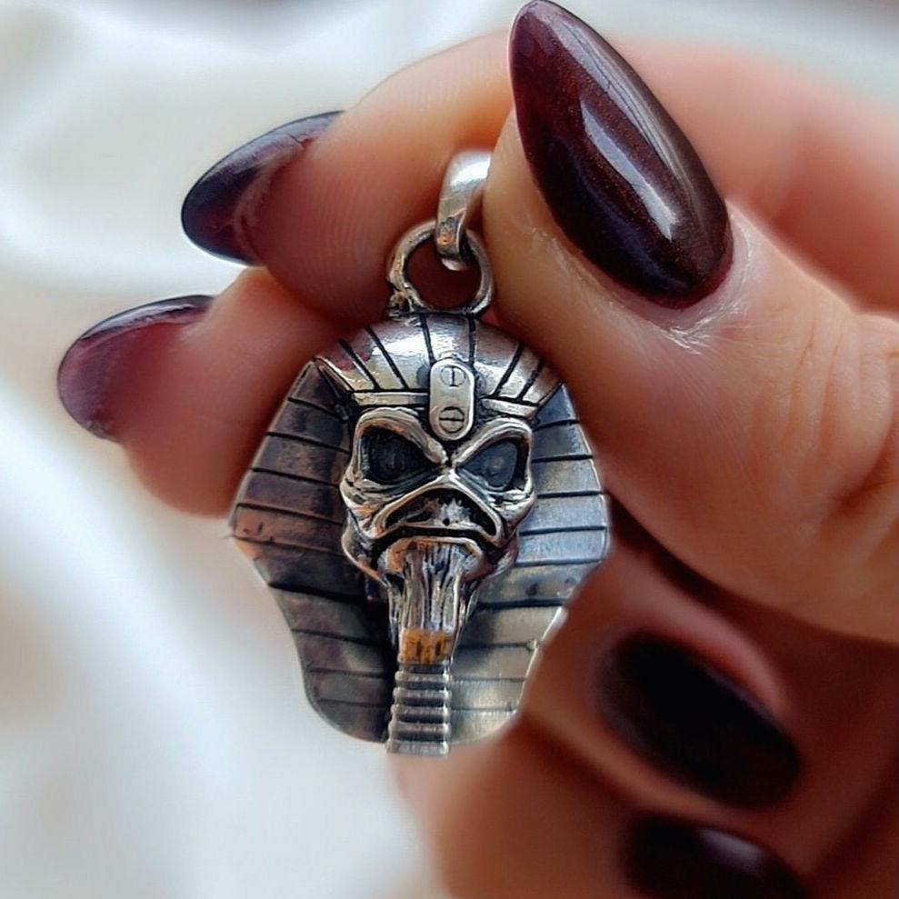 Eddie  Pharaoh King Skull Pendant- Egyptian -Rock  Heavy metal- Sterling Silver