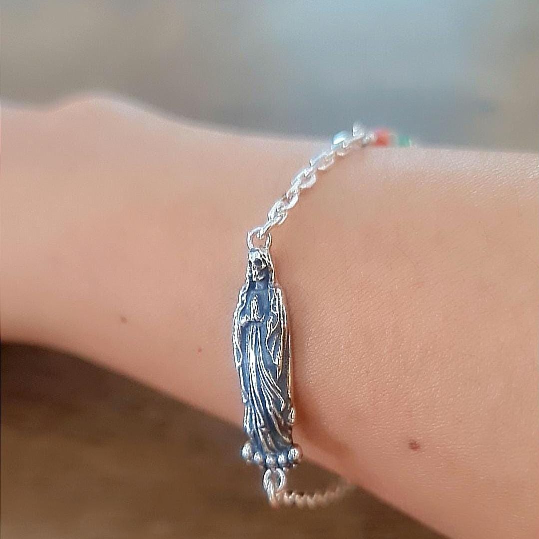 Santa Muerte bracelet 925 sterling Silver length 7inch(18cm) - 3 colours Stone beads as The Mexican flag