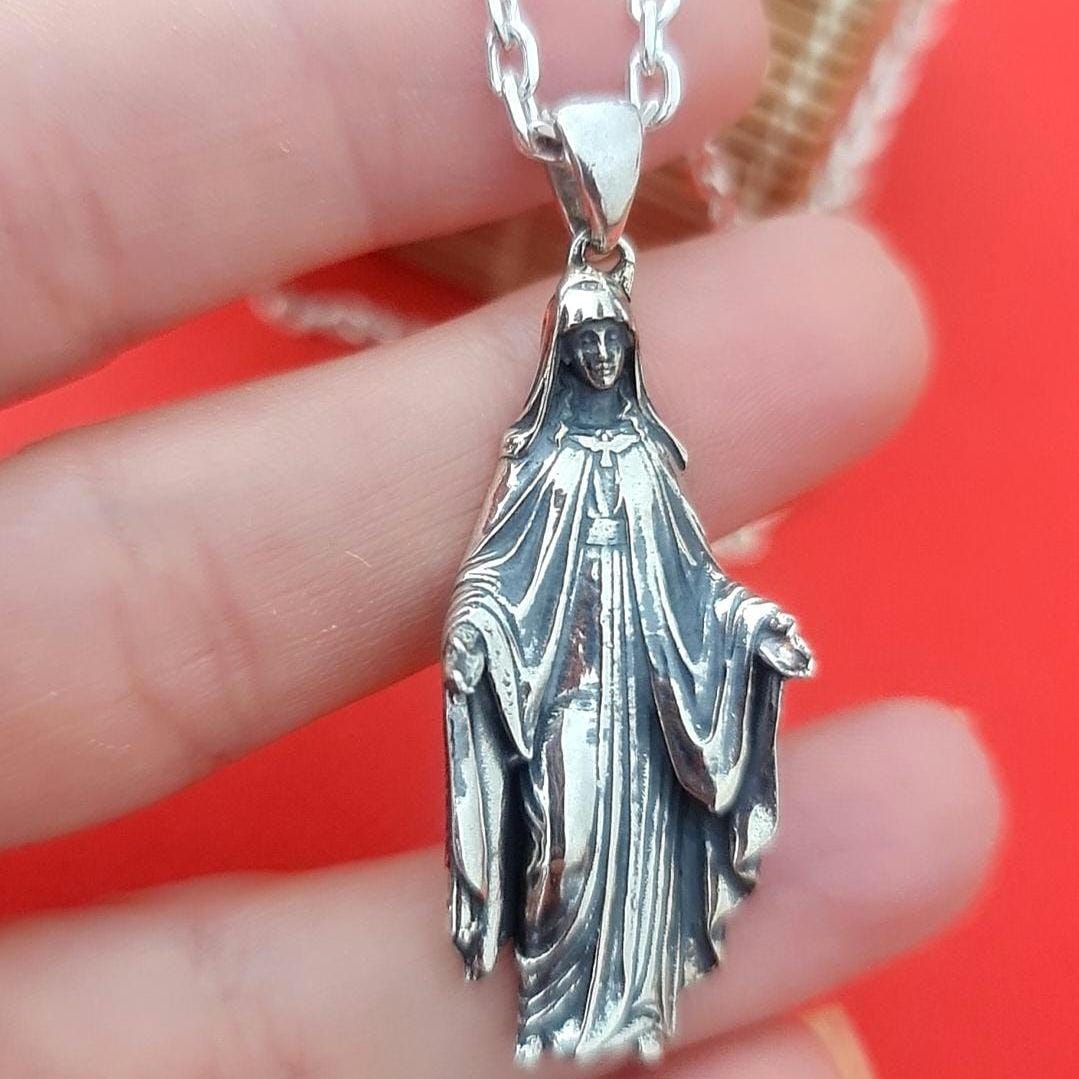 Statement Virgin Mary Necklace: Religious Protection Pendantn Sterling Silver