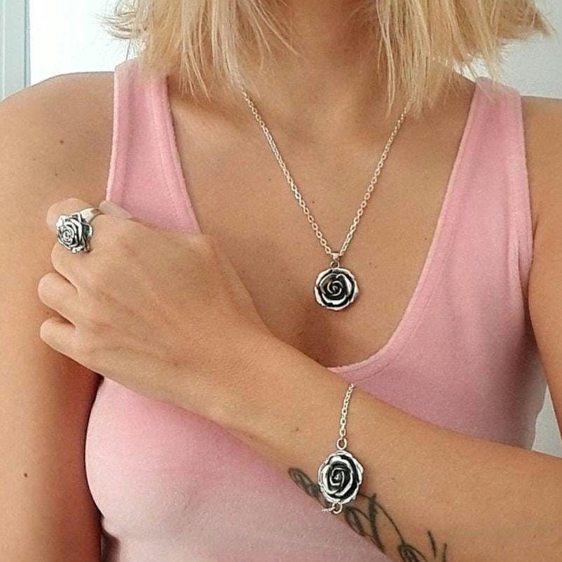 Sterling Silver Rose Bracelet: Chunky Elegant Flower Jewelry