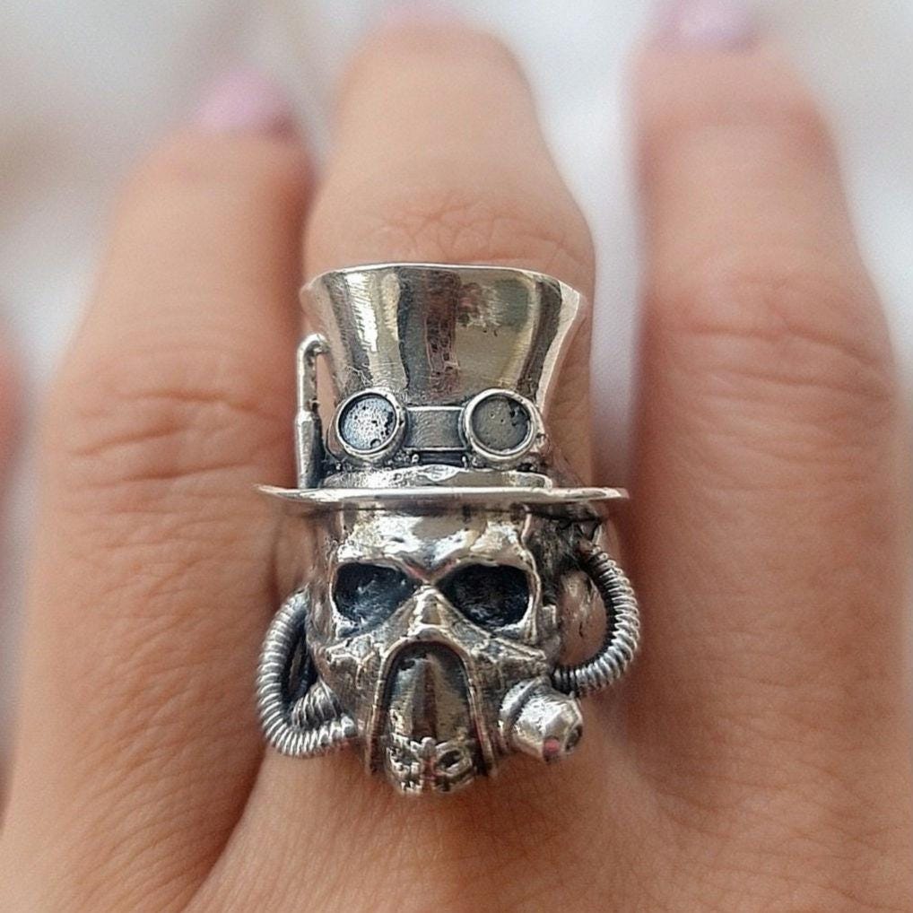 Steampunk-Inspired Silver Skull Ring -  stylish  Gothic solid & Sturdy  Sterling Silver