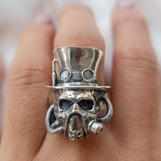 Steampunk-Inspired Silver Skull Ring -  stylish  Gothic solid & Sturdy  Sterling Silver