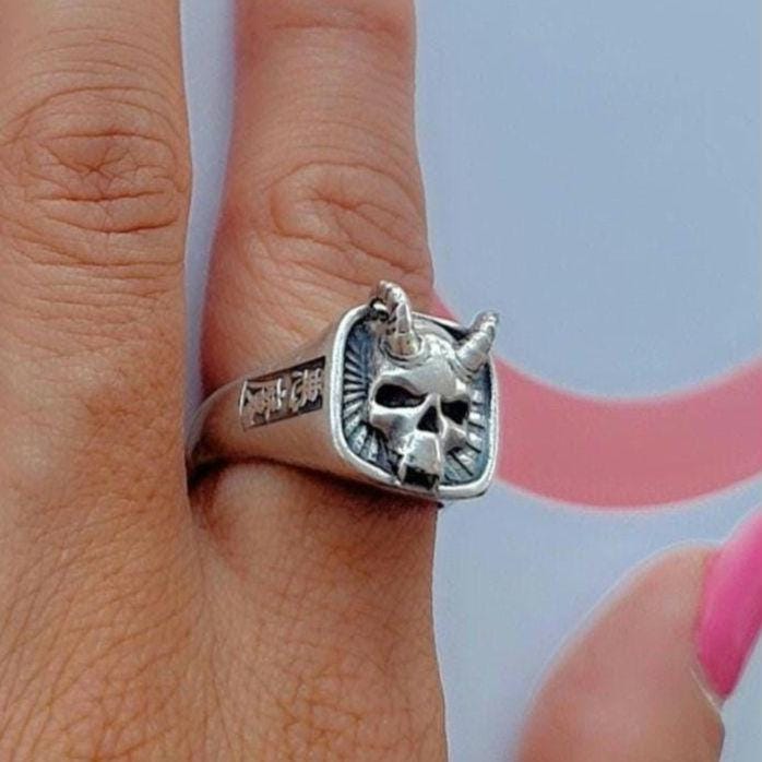 Japanese Oni Skull Ring Handcrafted 925 Silver