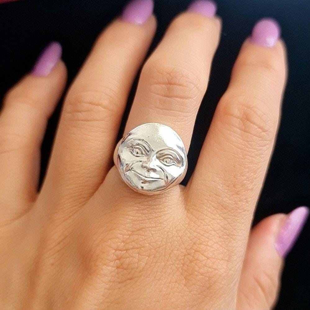 Handcrafted Sterling Silver Full Moonface Ring - Celestial Jewelry