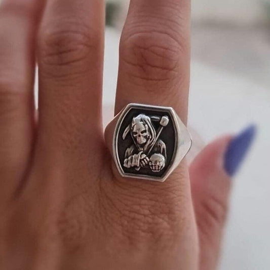 Handmade 925 Silver Grim Reaper Ring - Gothic Skull Jewelry