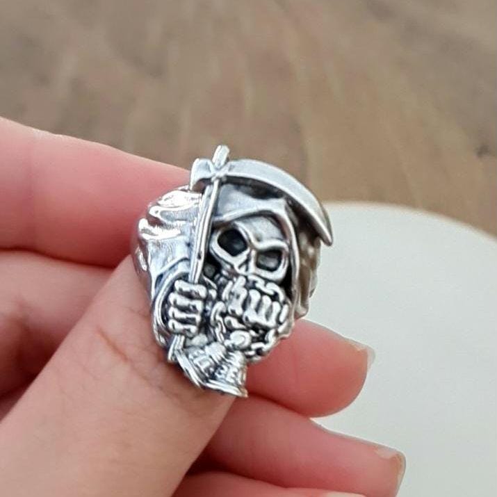 Handmade Sterling Silver Grim Reaper Scythe Ring: Gothic Skull Jewelry