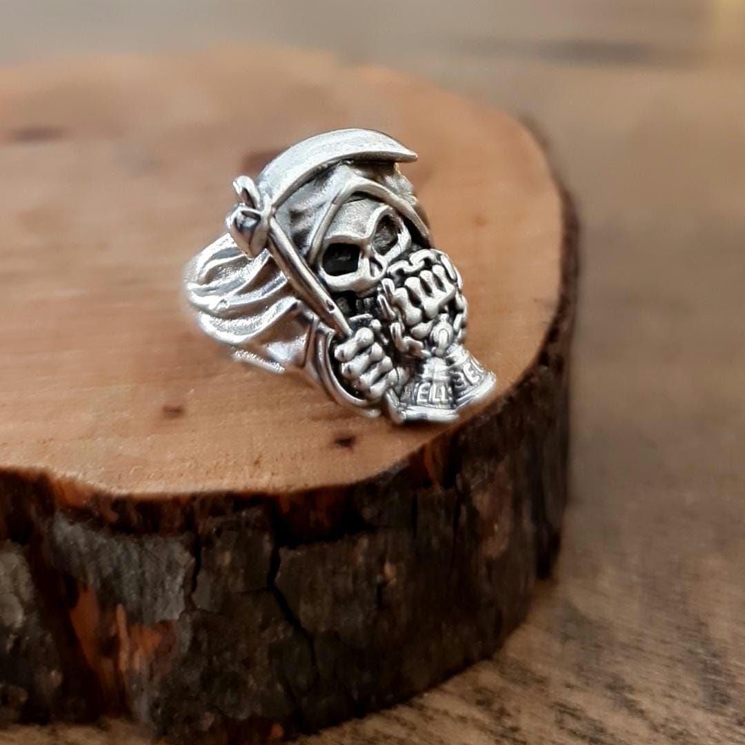 Handmade Sterling Silver Grim Reaper Scythe Ring: Gothic Skull Jewelry
