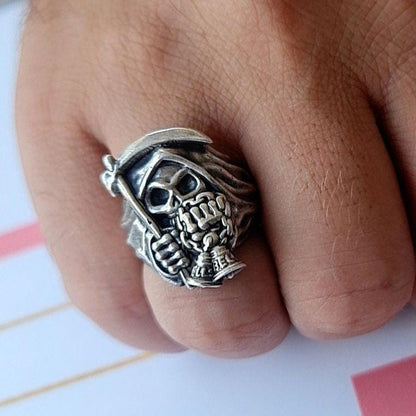 Handmade Sterling Silver Grim Reaper Scythe Ring: Gothic Skull Jewelry