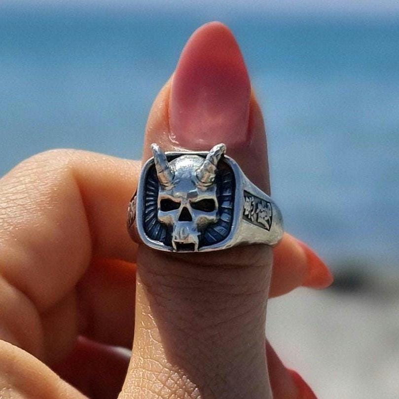 Handcrafted 925 Silver Japanese Oni Skull Ring