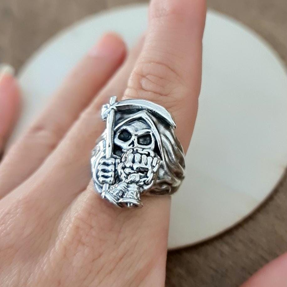 Handmade Sterling Silver Grim Reaper Scythe Ring: Gothic Skull Jewelry