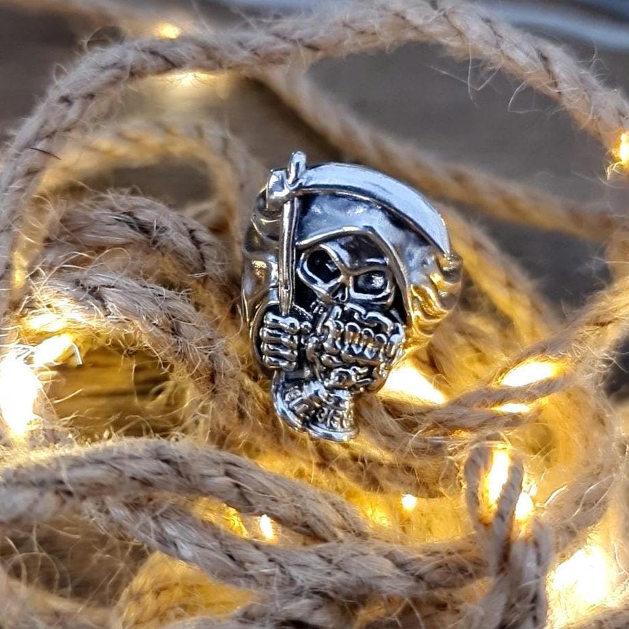 Handmade Sterling Silver Grim Reaper Scythe Ring: Gothic Skull Jewelry