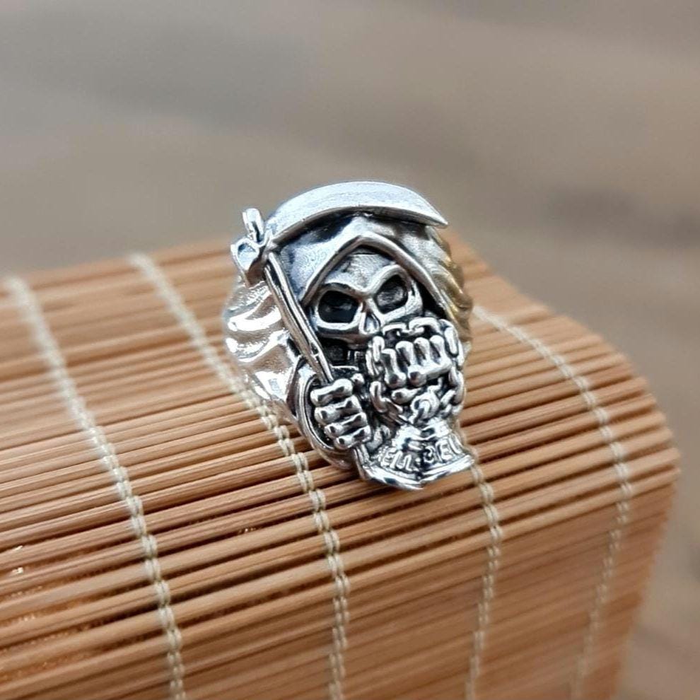Handmade Sterling Silver Grim Reaper Scythe Ring: Gothic Skull Jewelry