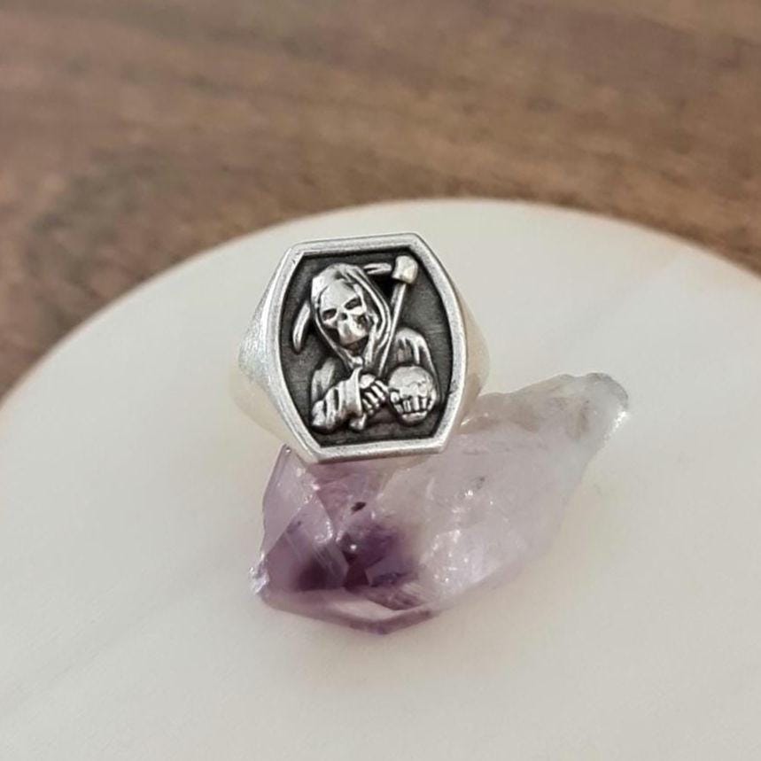 Handmade 925 Silver Grim Reaper Ring - Gothic Skull Jewelry