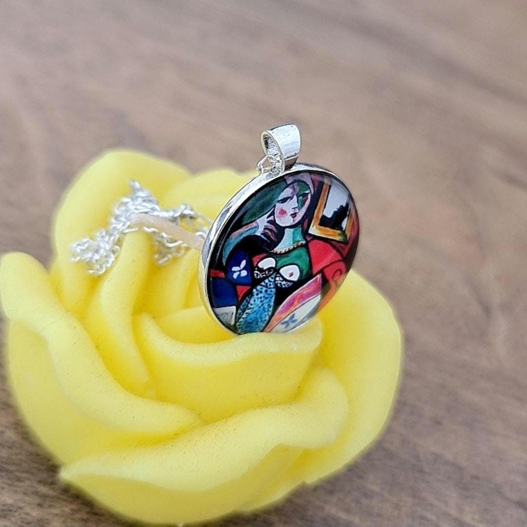 Art Nouveau Cabochon pendant: 925 Sterling Silver Artistic charm