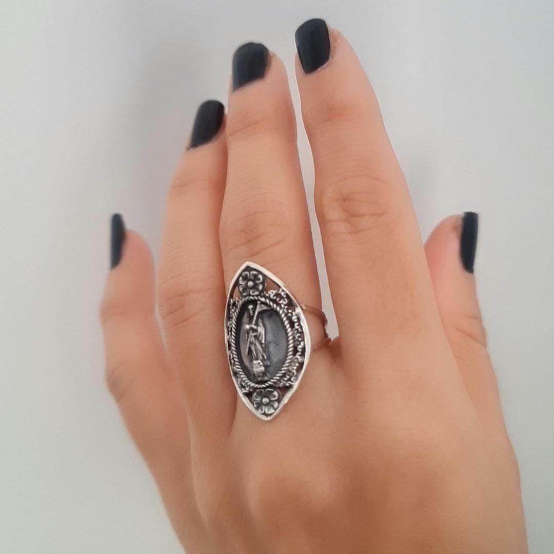 Santa Muerte Ring 925 Sterling Silver -Saint Death Ring with flowers & Scythe