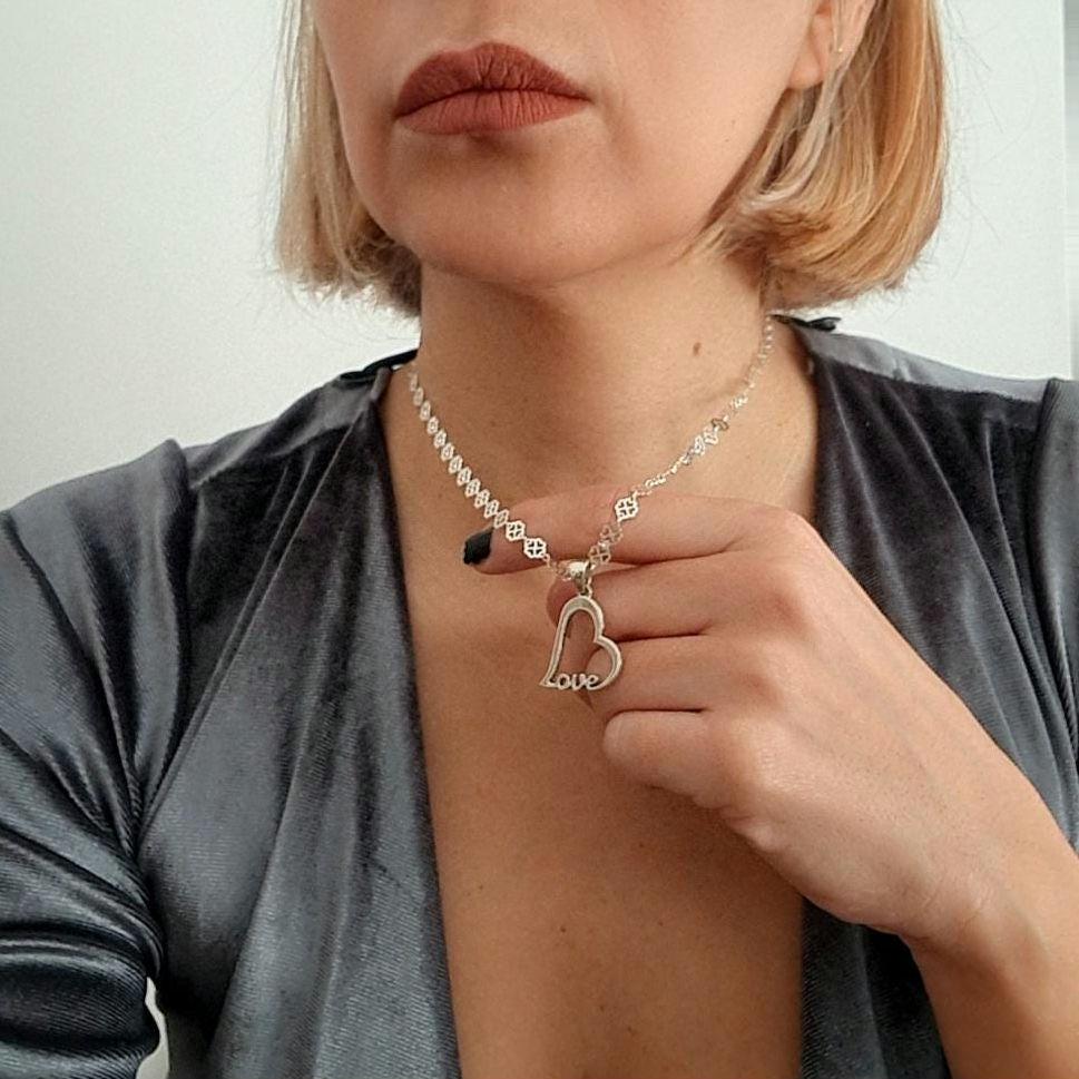 Sterling Silver Love Heart Necklace - Floral Chain 45 cm
