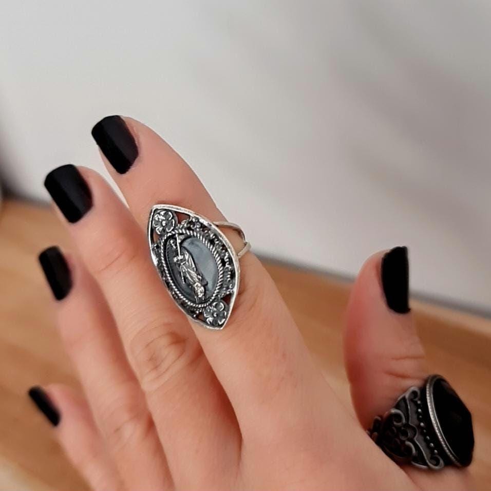 Santa Muerte Ring 925 Sterling Silver -Saint Death Ring with flowers & Scythe