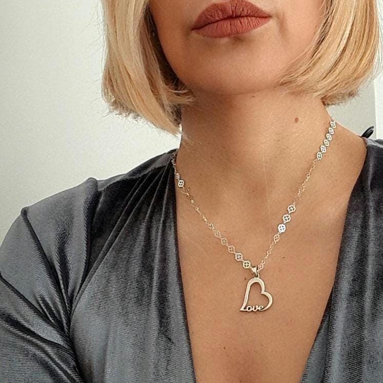 Sterling Silver Love Heart Necklace - Floral Chain 45 cm