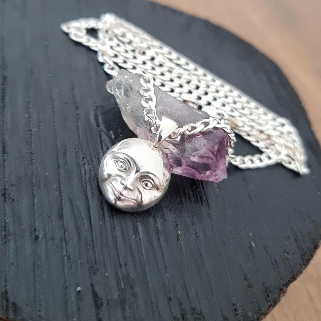 Crescent full Moon Face  Pendant in  925 Sterling Silver - Unique Handcrafted  solid