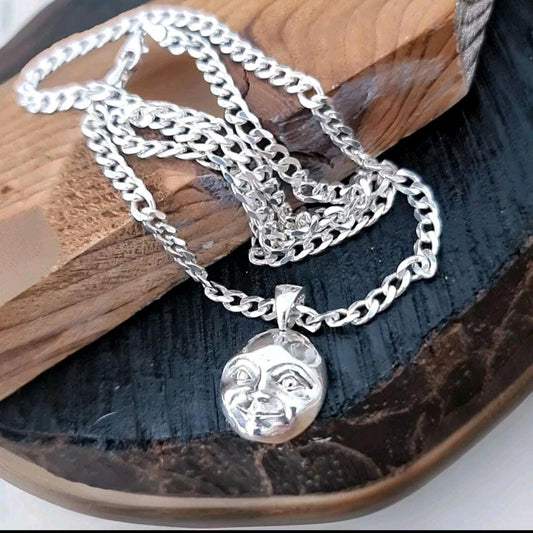 Crescent full Moon Face  Pendant in  925 Sterling Silver - Unique Handcrafted  solid