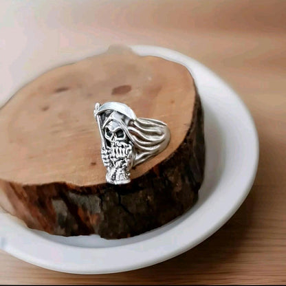 Handmade Sterling Silver Grim Reaper Scythe Ring: Gothic Skull Jewelry