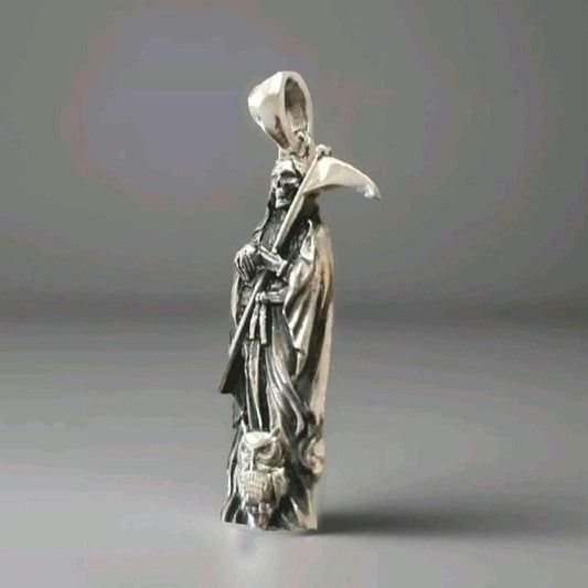 925 Silver Santa Muerte Scythe Necklace: Gothic Grim Reaper Pendant