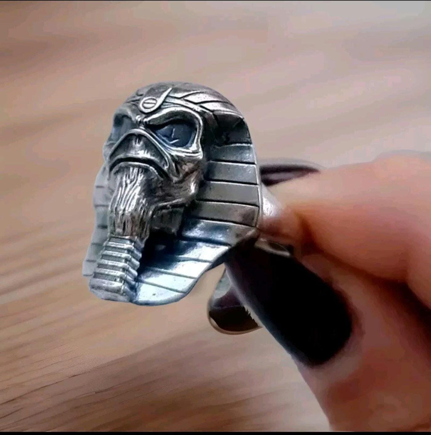 Handmade Sterling Silver Pharaoh King Skull Ring: Gothic Biker Jewelry