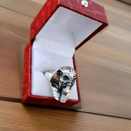 Handmade Sterling Silver Pharaoh King Skull Ring: Gothic Biker Jewelry