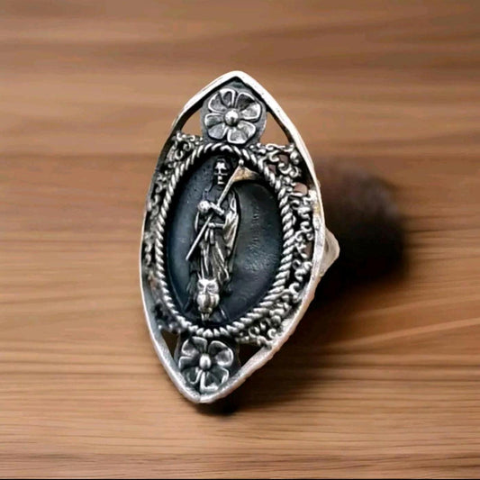 Santa Muerte Ring 925 Sterling Silver -Saint Death Ring with flowers & Scythe
