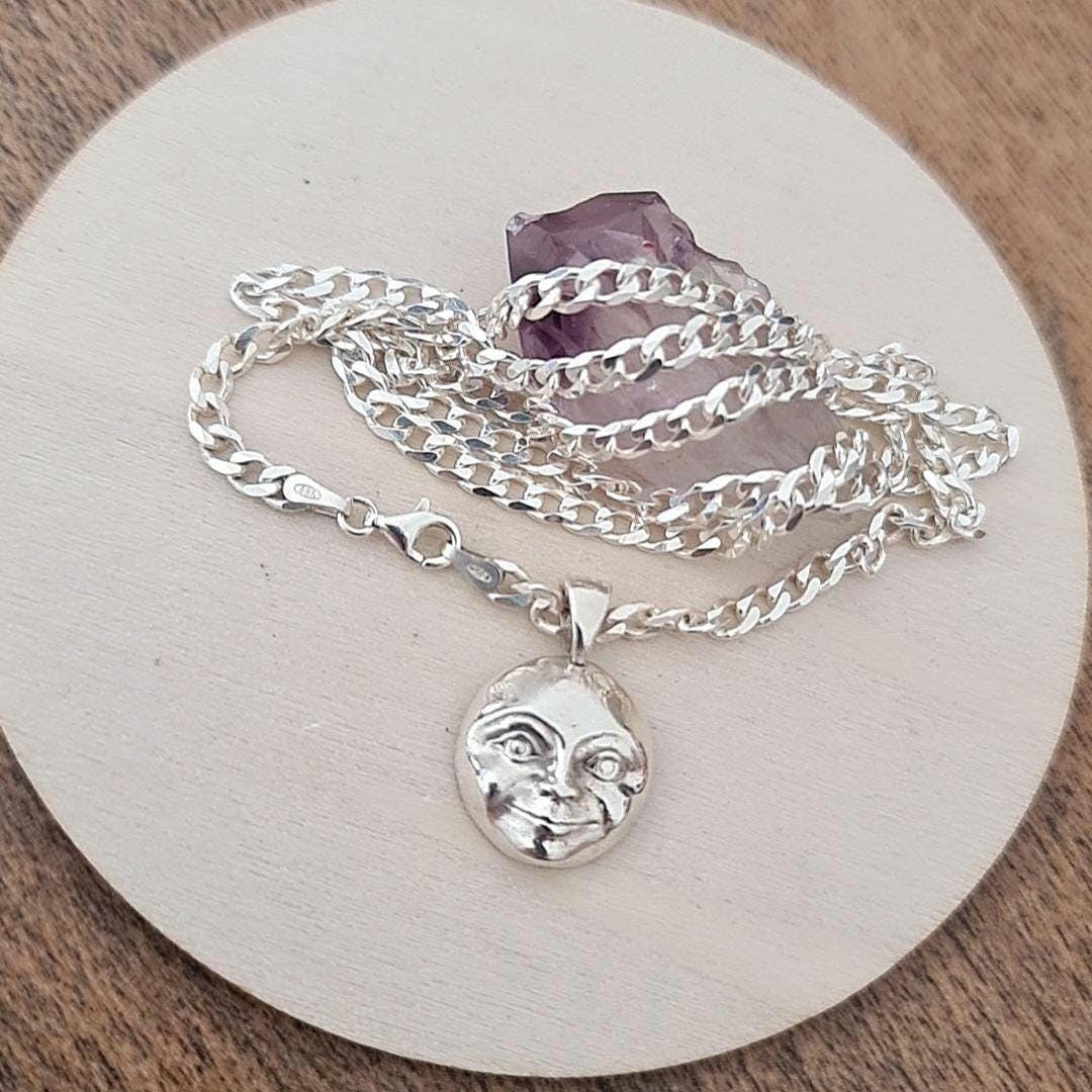 Crescent full Moon Face  Pendant in  925 Sterling Silver - Unique Handcrafted  solid