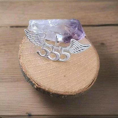 555 Angel Number Sterling Silver Pendant Necklace with Wings "major change is coming"