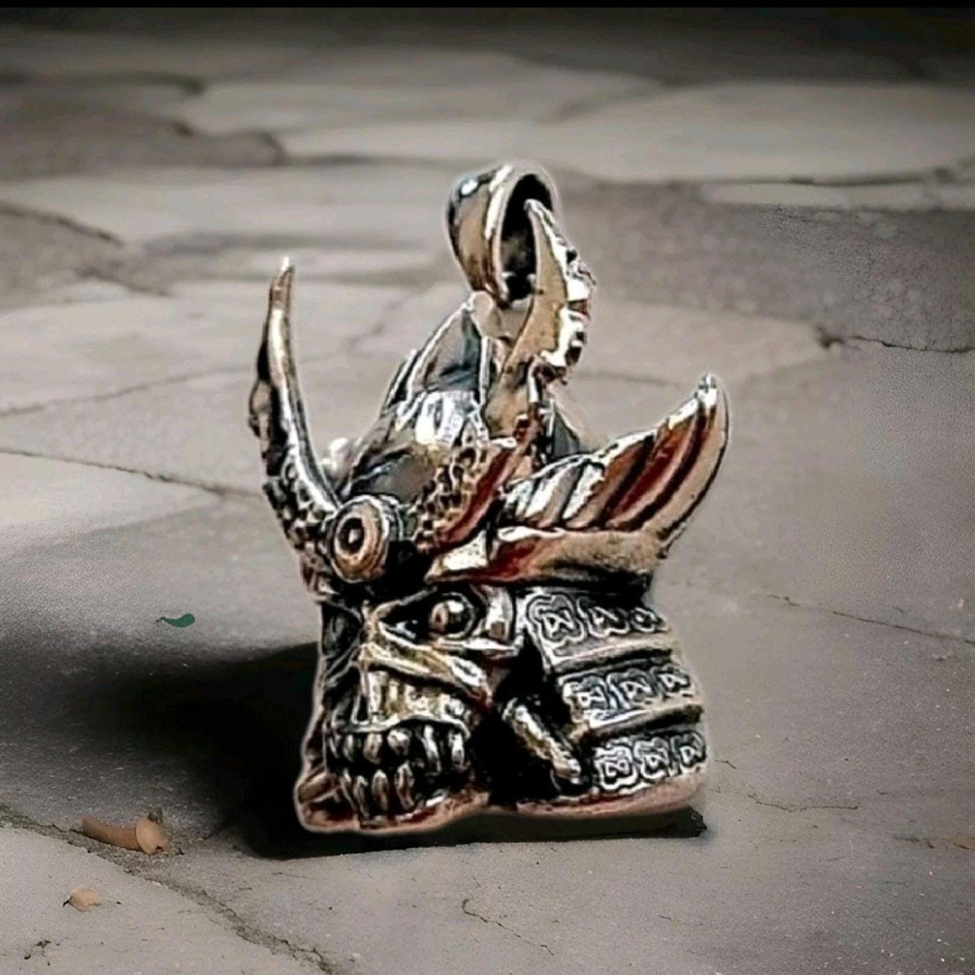 Sterling Silver Samurai Skull Pendant: Rocker Biker Jewelry